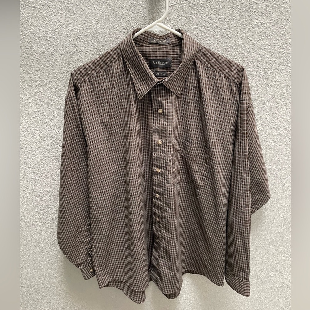 Van Heusen Men's Button Down Dress Shirt - Size L 16 - 16 1/2 - Brown/Black EUC